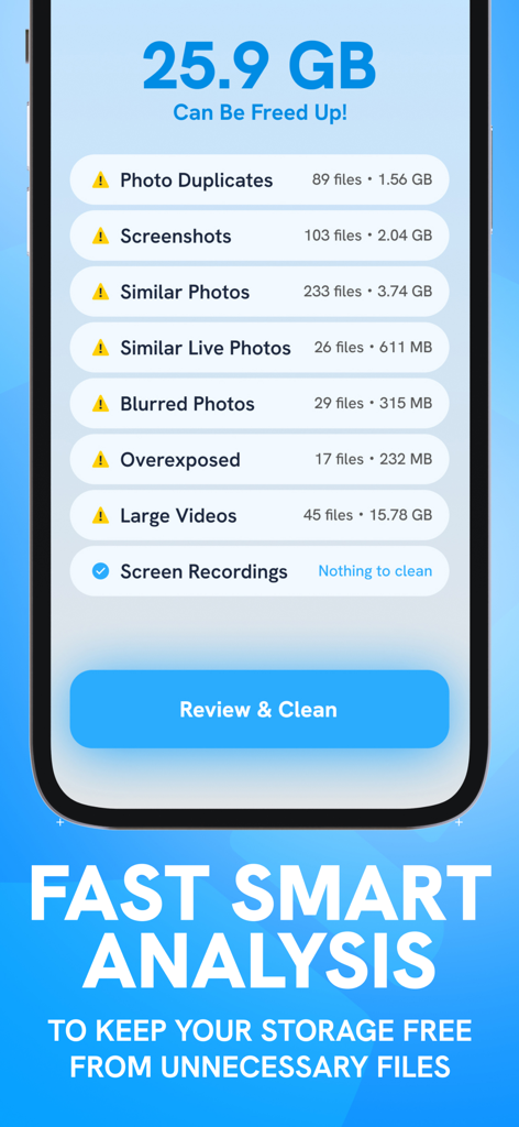Easy Clean: Photo Cleaner - Easy Clean app interface showing a summary of storage that can be freed from duplicate photos, screenshots, and large videos.