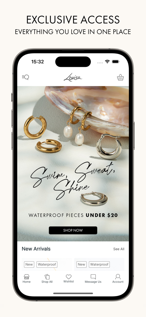 Pantalla principal de la app móvil Lovisa que muestra piezas de joyería asequibles e impermeables