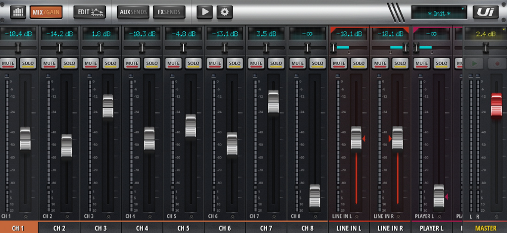 Digital mixing console interface on MyMixTool app with channel faders and controls for Soundcraft Ui mixers