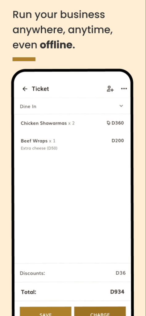 Waychit POS - Waychit POS mobile app interface displaying a restaurant food ticket for dine in service and offline mode message