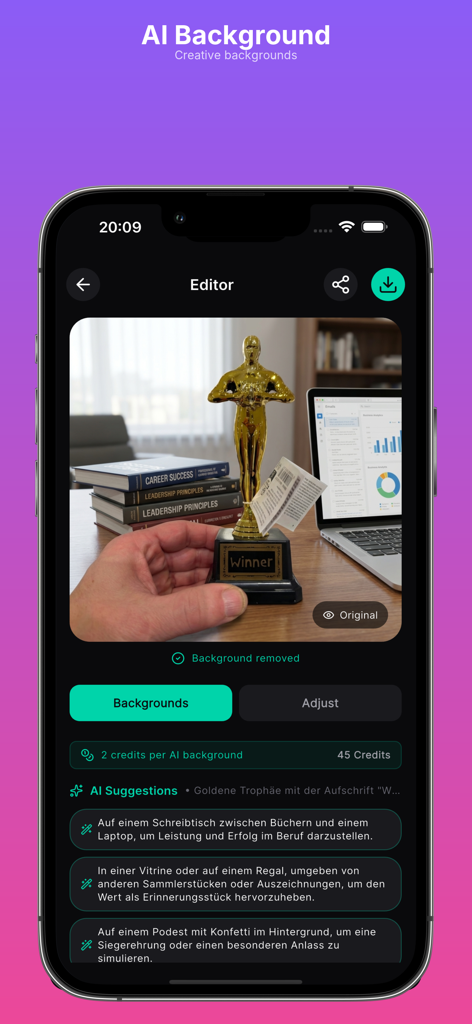 Backdrop AI - Interfaz del editor de la aplicación Backdrop AI que muestra sugerencias de fondos de IA para un trofeo dorado
