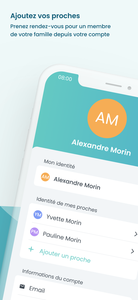 Interfaz móvil de la aplicación Maiia que muestra cómo añadir y gestionar miembros de la familia para reservar citas médicas