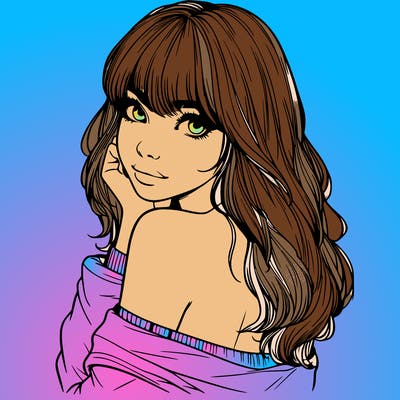 realistic girl with bangs looking over her shoulder