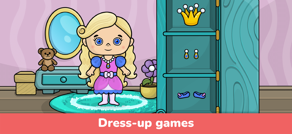 Toddler girl character in a dress up game with a wardrobe and accessories