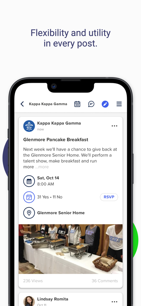 GroupSpot - GroupSpot app interface showing a group event post with date location and RSVP options