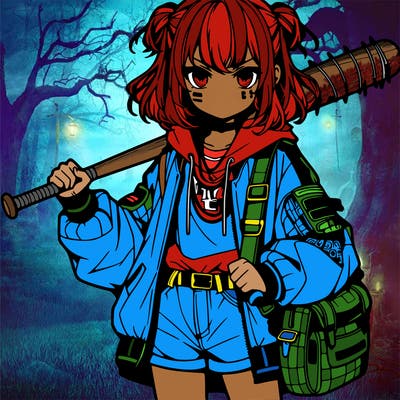 an anime girl with a baseball bat and streetwear