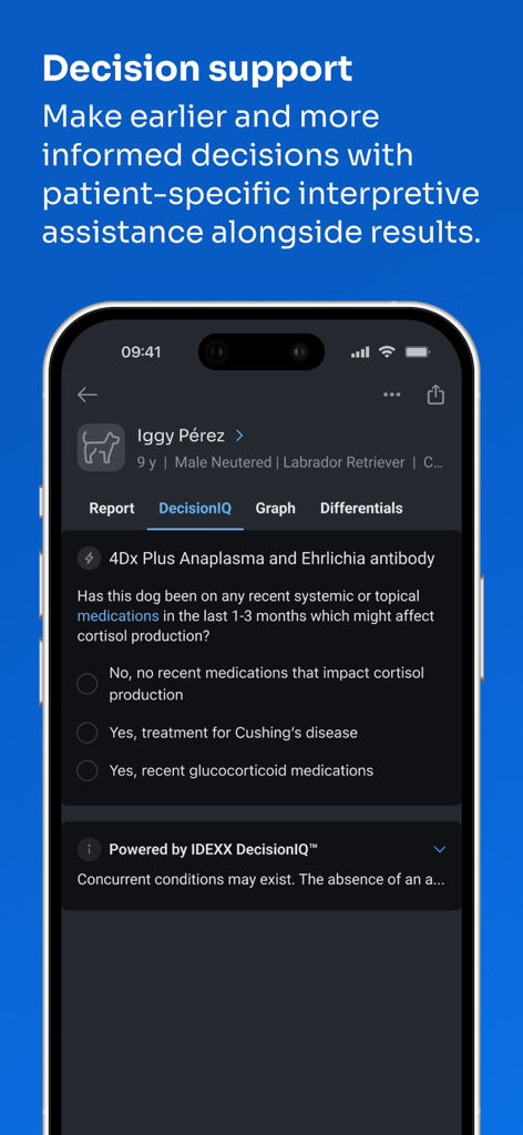 Interfaz de soporte de decisiones de IDEXX VetConnect PLUS para diagnósticos veterinarios