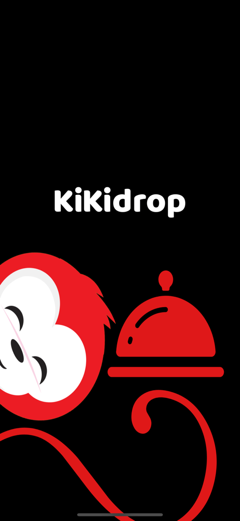 Kikidrop - Kikidrop mobile app splash screen featuring a red monkey logo and food delivery icon on a black background