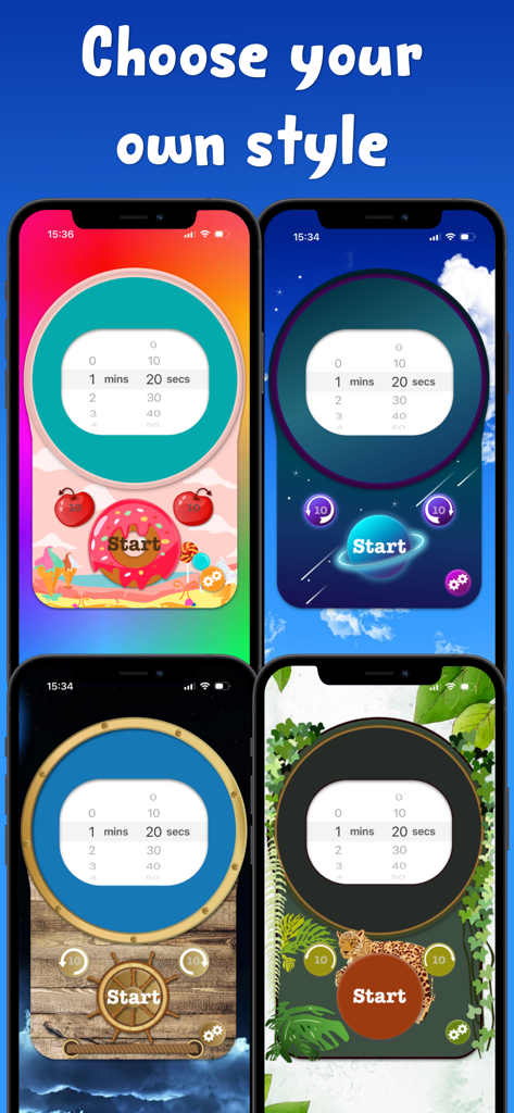 Four customizable visual timer themes for kids including space candy jungle and nautical designs.