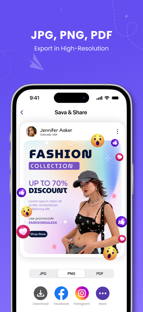 Poster Maker - Flyer Creator! - Interface mostrando opções de exportação de alta resolução em JPG, PNG e PDF para um folheto de moda