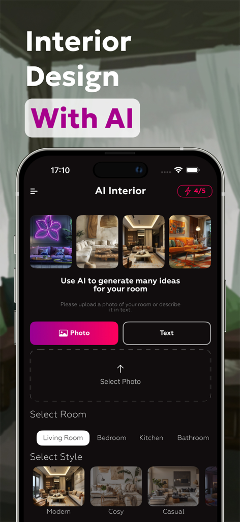 AI Home Design | Rooms Planner - AI Home Design app interface with options to select room type and design style