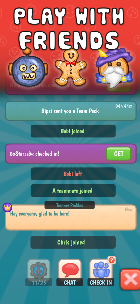 Cookies Inc. - Idle Tycoon - Pantalla social de Cookies Inc. que muestra notificaciones de chat de equipo e íconos de personajes.