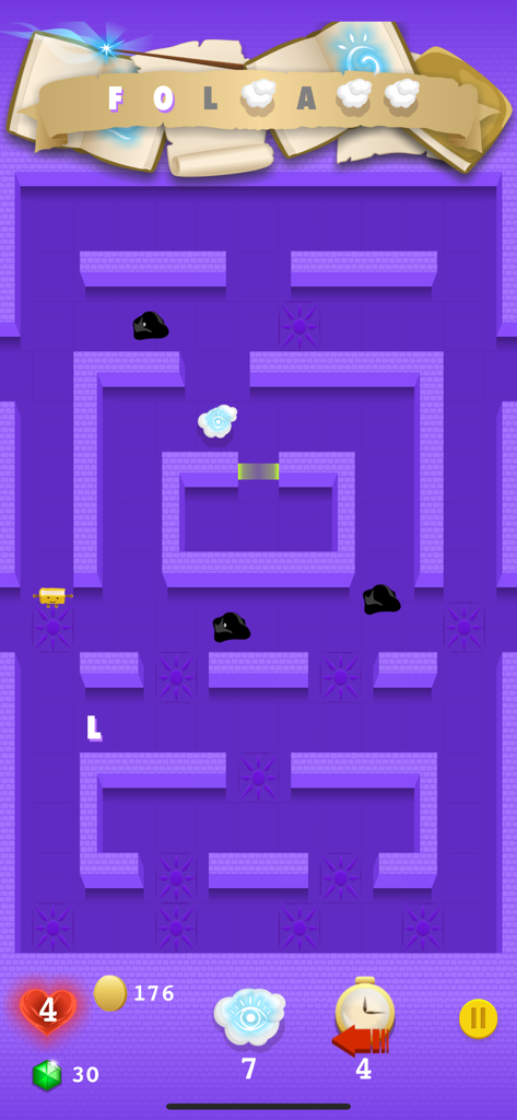 Book-Man character navigating a purple maze to collect letters for a word puzzle while avoiding black Blots