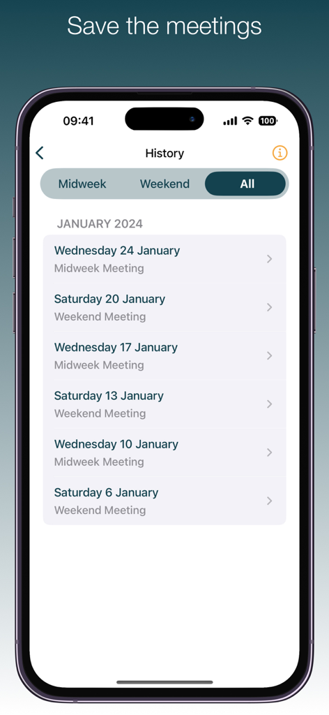 Meeting Timer & Stopwatch - Tela de histórico listando reuniões de meio de semana e fim de semana salvas