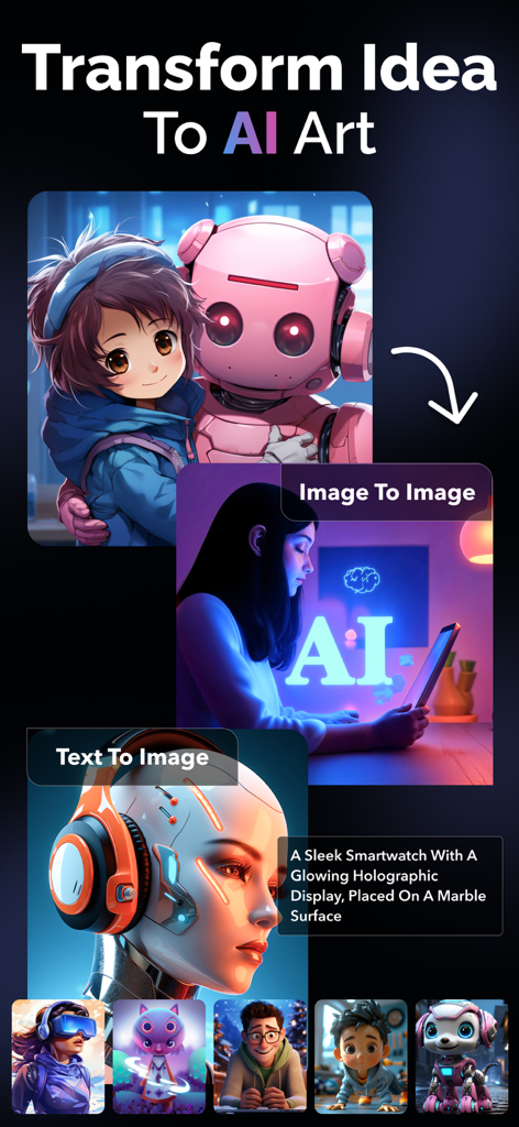 AI Photo Generator app interface showcasing text to image and image to image art transformation features