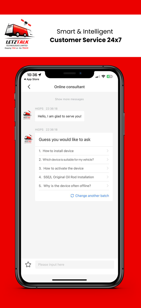 Écran de smartphone affichant l'interface de chat du consultant en ligne LetzTalk Video avec support client 24h/24 et 7j/7 et options FAQ automatisées.