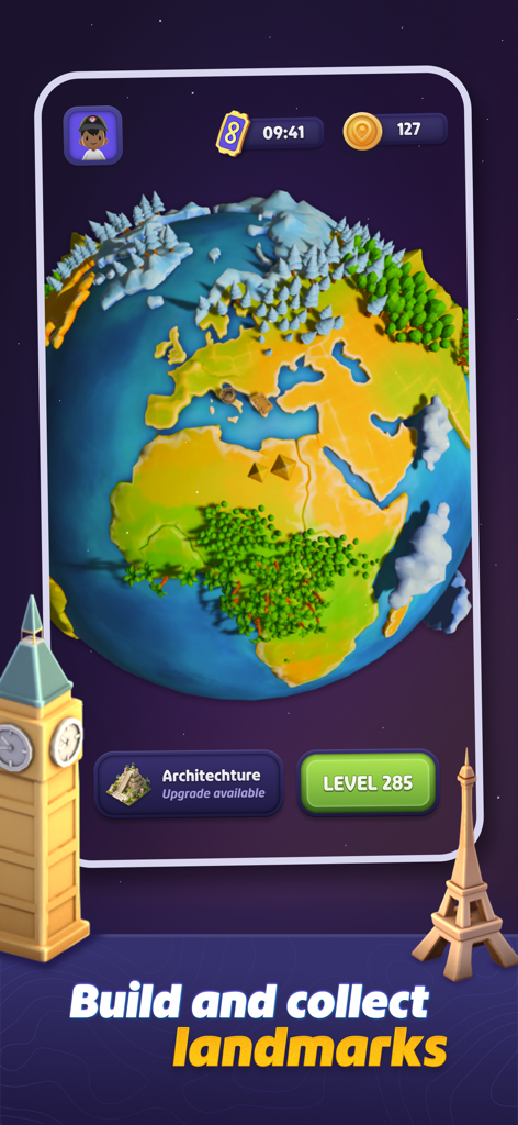 GeoGuessr mobile game screen showing a 3D cartoon globe with landmarks to collect and build.