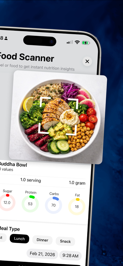 Calorie Deficit Tracker+ - Calorie Deficit Tracker app food scanner identifying a buddha bowl and displaying macros like protein and carbs.