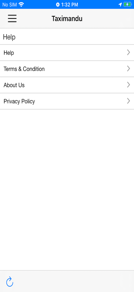 Taximandu - Menú de ayuda de la aplicación Taximandu con enlaces a términos de ayuda, condiciones, sobre nosotros y política de privacidad.