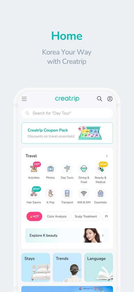 Creatrip: Korea Your Way - 크리에이트립 앱 홈 화면에는 K-뷰티, 다이닝, 교통 예약과 같은 한국 여행 서비스가 표시됩니다.