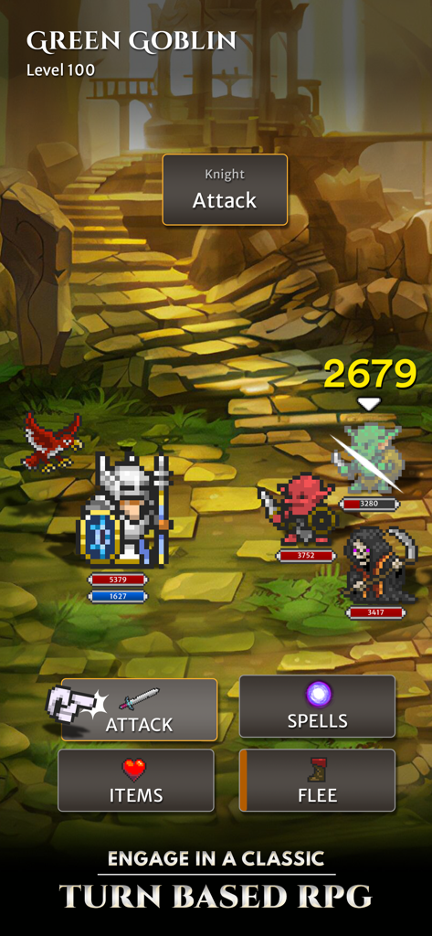 Orna: A Fantasy RPG & MMO game - Eine rundenbasierte Kampfszene in Orna mit 8-Bit-Pixelart-Charakteren und strategischen Kampfoptionen