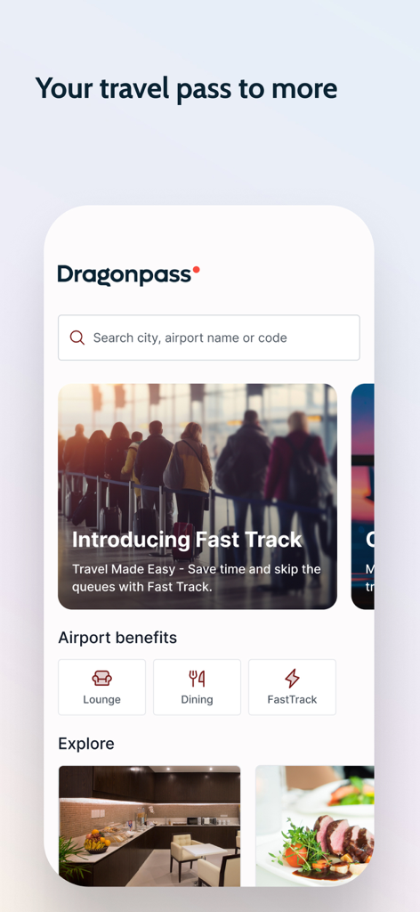 Dragonpass - Dragonpassモバイルアプリのホーム画面。空港の特典（ラウンジでの食事やファストトラックサービスなど）を紹介しています。