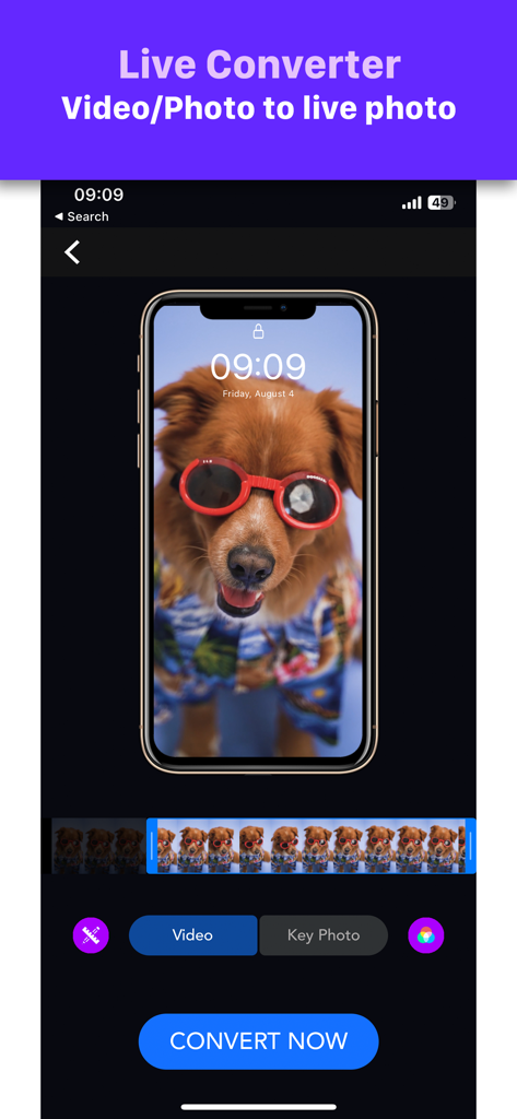 VideoToLive - Interface of the VideoToLive app showing a video of a dog in sunglasses being converted into an iPhone live photo wallpaper