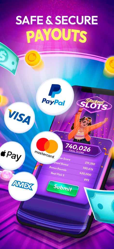 Blackout Slots: Skill Reels - Pantalla de la aplicación Blackout Slots que muestra opciones de pago seguras y protegidas, incluyendo PayPal, Visa y Apple Pay