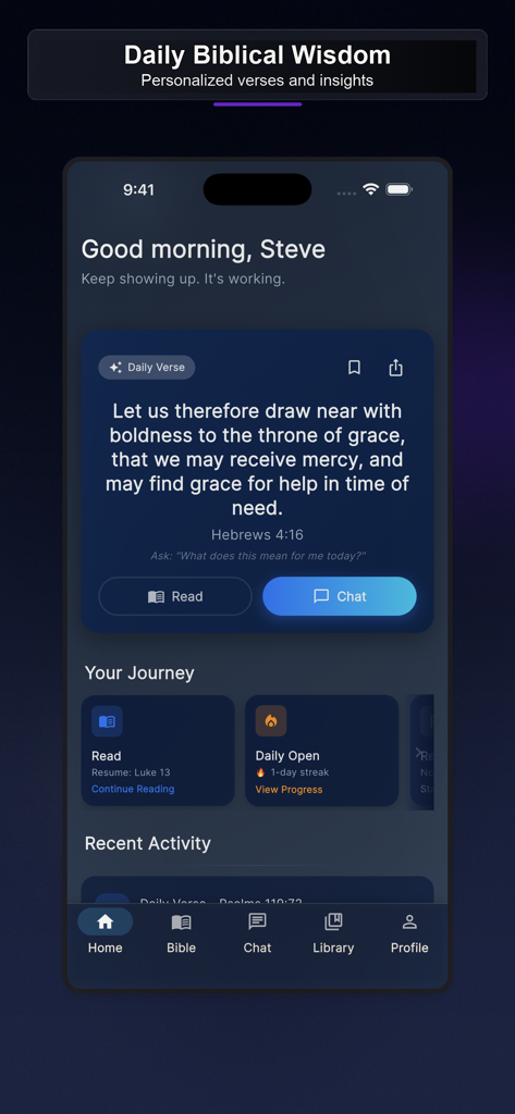 WWJD: Bible Study Companion - Pantalla de inicio de la aplicación WWJD Bible Study Companion con un versículo diario y el progreso del seguimiento de hábitos