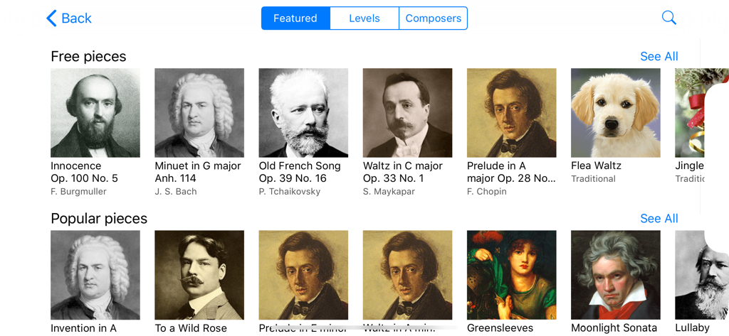 PianoMate - Piano Sheet Music - PianoMate app interface showing a collection of free and popular classical piano pieces for users to learn.