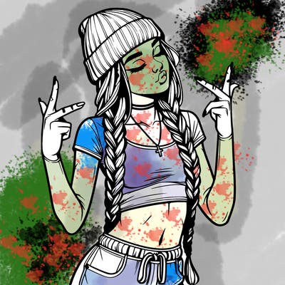 realistic teenage girl with braids and a beanie and crop top doing 🫶🏼