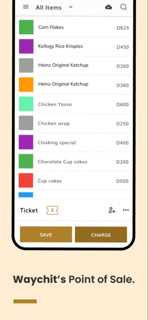 Waychit POS - Interface of Waychit POS showing a list of retail items and prices in Gambian Dalasi
