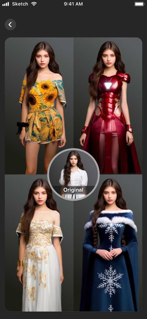 Interface do aplicativo de IA mostrando um único retrato transformado em quatro roupas criativas diferentes, incluindo um vestido de girassol e uma armadura de super-herói