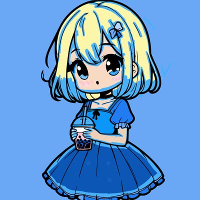 a anime girl in a dress and she is holding a cup of boba