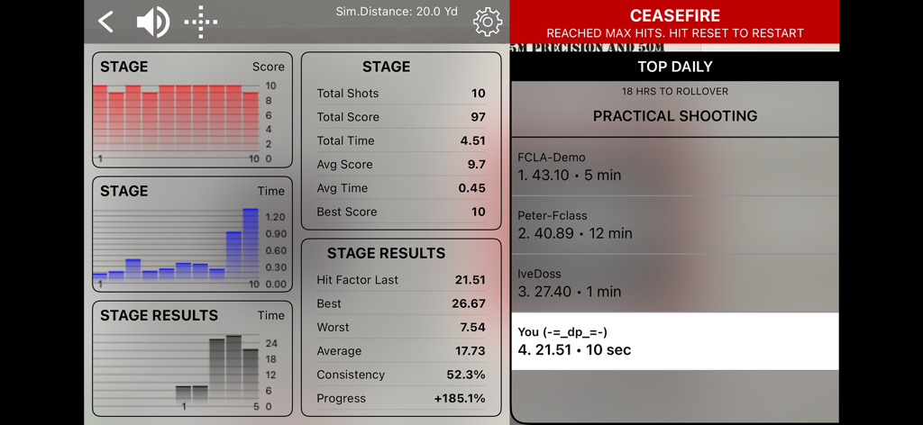 LaserHIT training app dashboard with shooting statistics and daily leaderboard