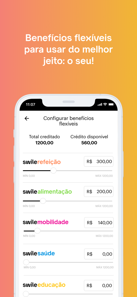 Benutzeroberfläche der Swile-App mit der Konfiguration flexibler Benefits durch Schieberegler für Mahlzeiten, Transport und Gesundheitswesen.