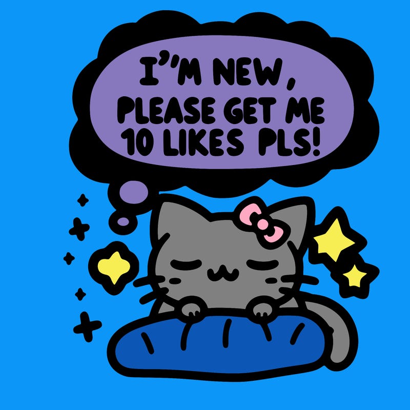 kitty taking a nap dream talking and saying "i'm new, please get me at least 10 likes pls!!"
