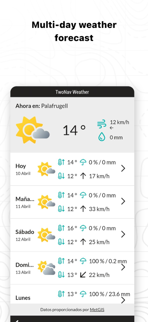 TwoNav 6: Routes and Maps - TwoNav 6 app multi day weather forecast screen showing temperature and wind data
