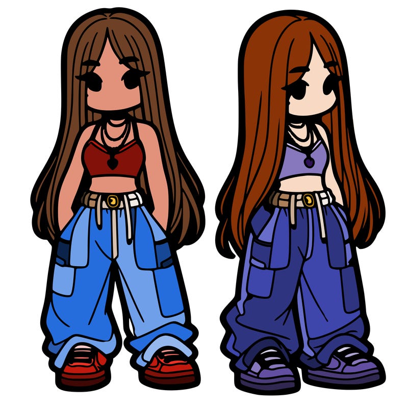 girl in baggy pants crop top and long hair
