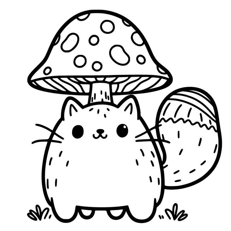 a cat that stands on 2 feet that has a mushroom on his head.