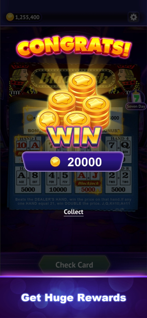 A congrats screen in the Scratch Ace game showing a win of 20000 gold coins