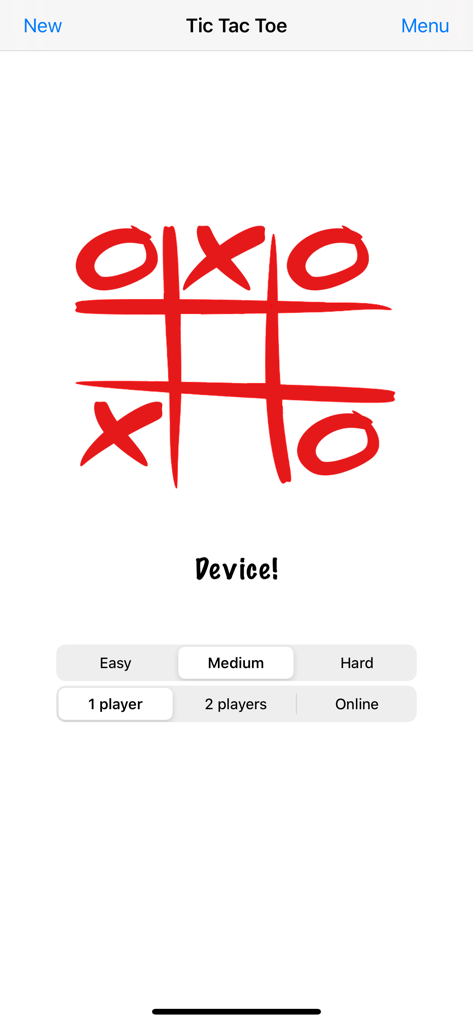 Tic Tac Toe mobile app interface showing a hand drawn red grid with X and O symbols and game difficulty settings