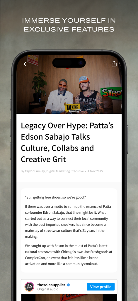 The Sole Supplier app showing an editorial article about sneaker culture and collaborations.