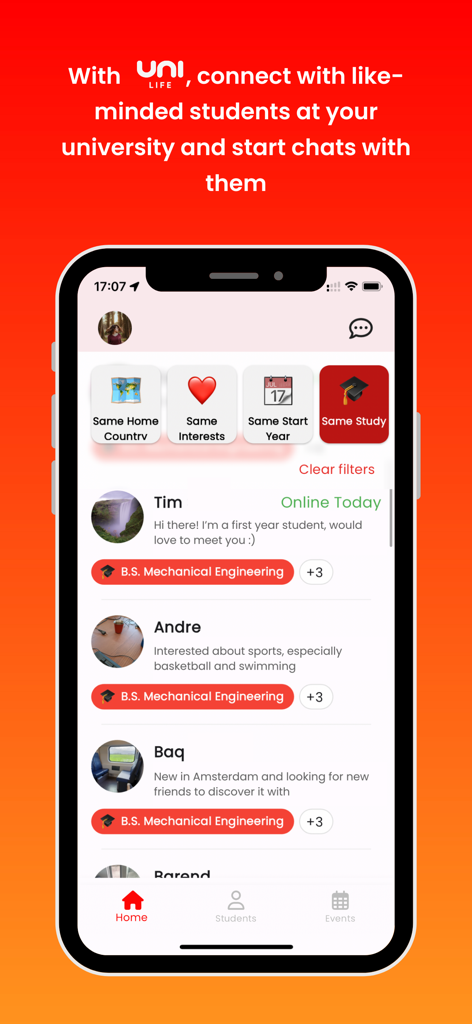 Uni-Life - Uni-Life app interface showing a list of students filtered by same study program to connect and start chats