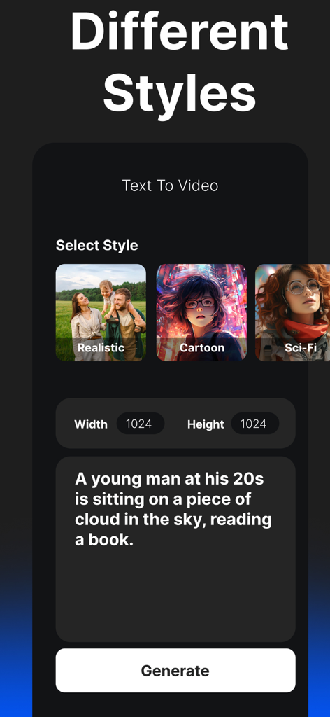 AI Video Generator - Vids App - Interfaz de la app móvil de Vids App mostrando generación de texto a vídeo con opciones de estilos de dibujos animados realistas y de ciencia ficción