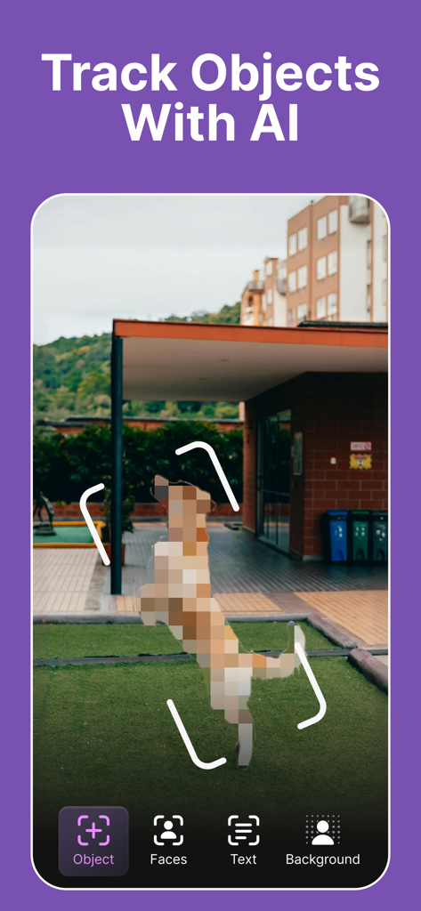 AI Blur Video - Mosaic Editor - Mobile app interface demonstrating AI object tracking to blur a jumping dog in a video