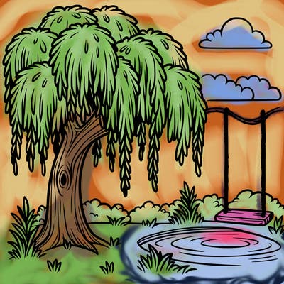 weeping willow tree by a pond with a swing under it