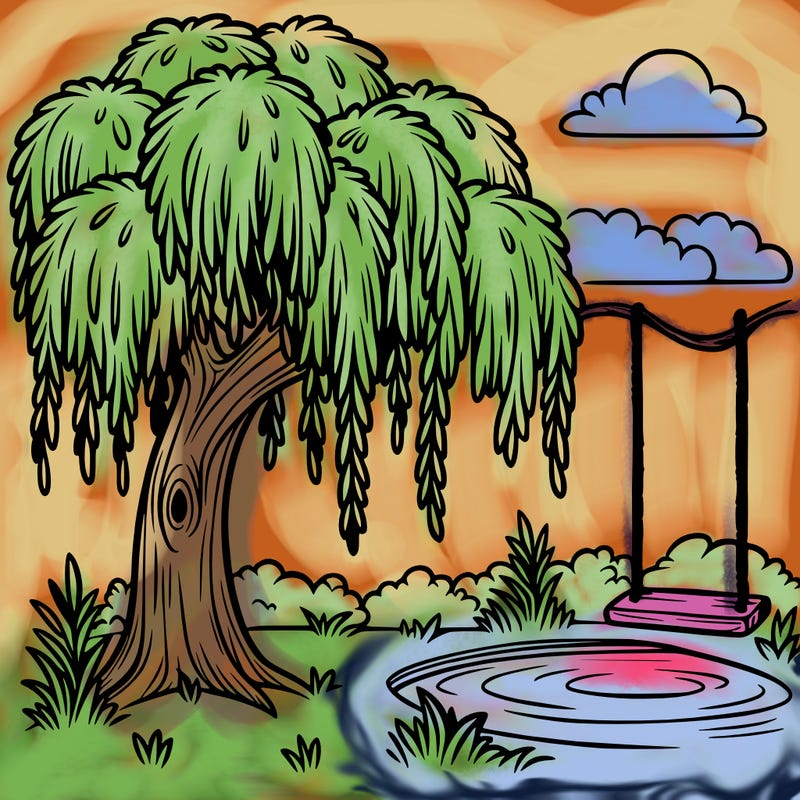 weeping willow tree by a pond with a swing under it