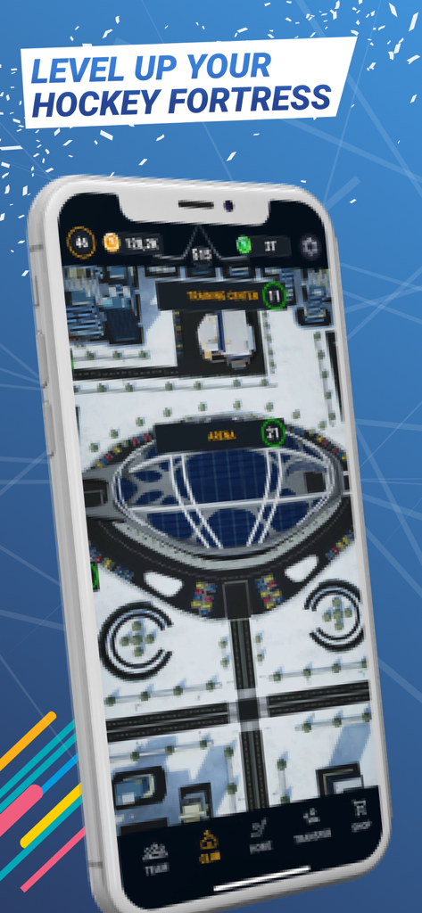 Big6: Hockey Manager NHL Stars - Top-down view of a hockey fortress and arena management screen in the Big6 Hockey Manager mobile app.