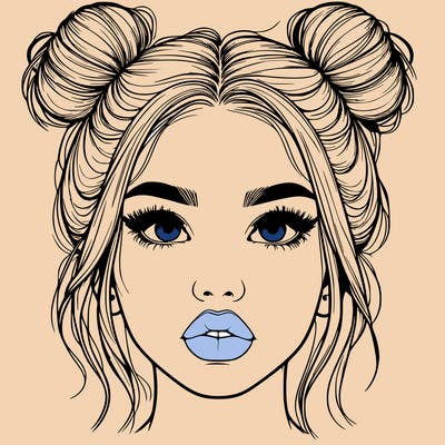 realistic girl with two buns on her hair and lips